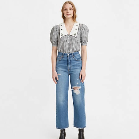 NWT Levis Ribcage Medium Wash Distressed Denim Straight Ankle Jeans - Picture 2 of 7